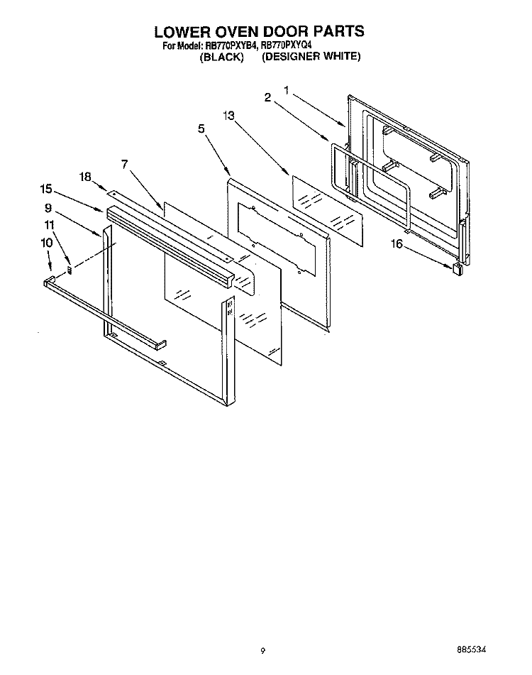 LOWER OVEN DOOR Diagram and Parts List for RB770PXYQ4  Whirlpool Wall Oven