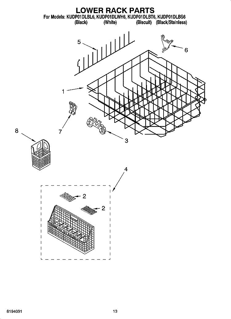 LOWER RACK PARTS Diagram and Parts List for KUDP01DLBL6  KitchenAid Dishwasher