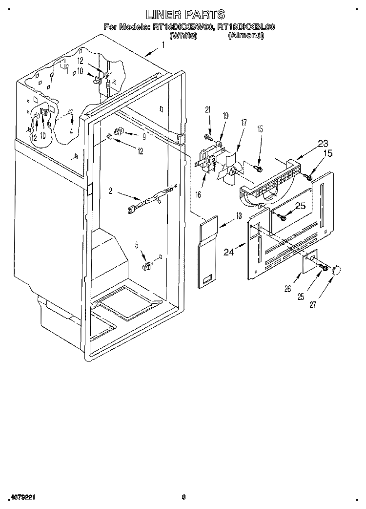 LINER Diagram and Parts List for RT18DKXBW00  Roper Refrigerator