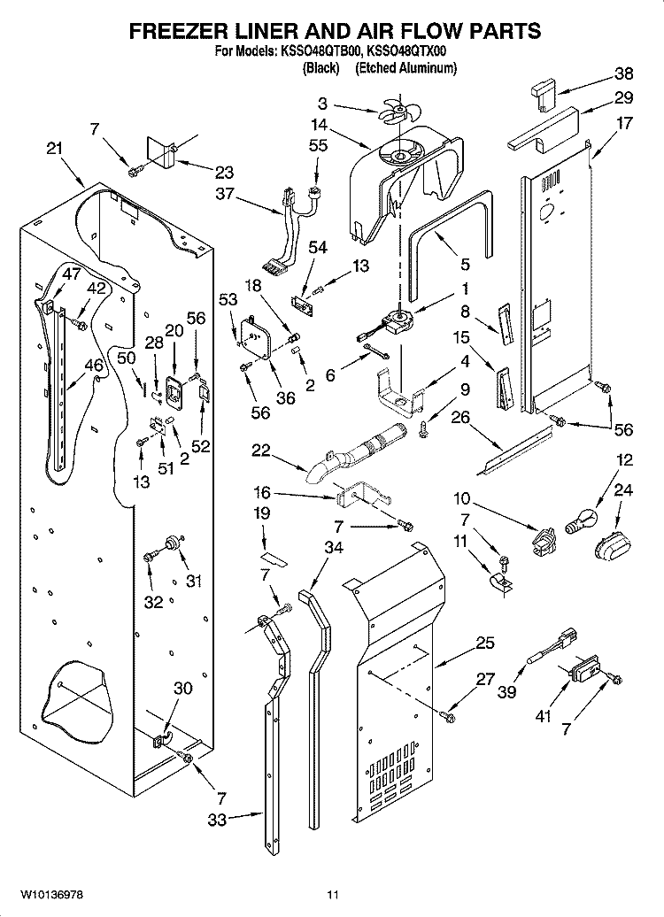 FREEZER LINER AND AIR FLOW PARTS Diagram and Parts List for KSSO48QTX00  KitchenAid Refrigerator