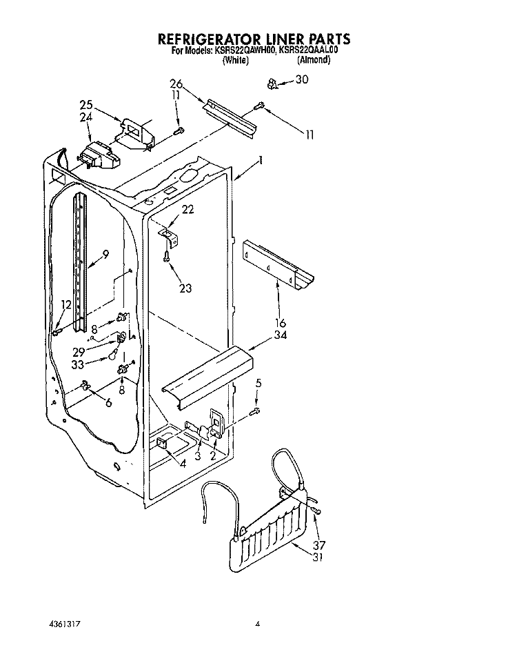 REFRIGERATOR LINER Diagram and Parts List for KSRS22QAWH00  KitchenAid Refrigerator