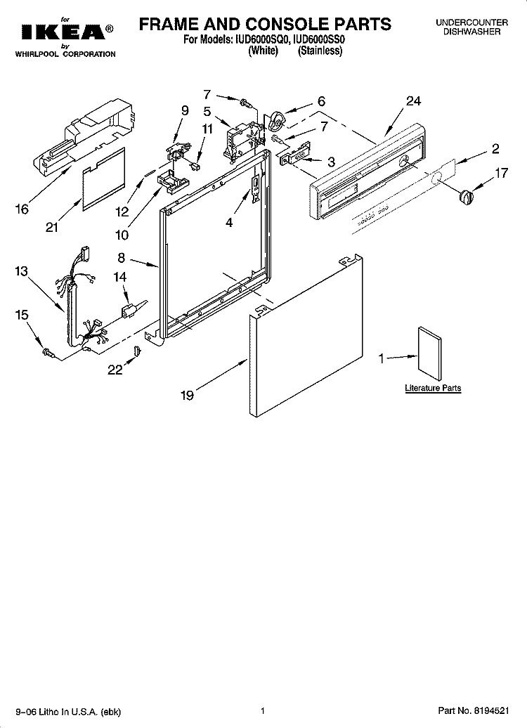 FRAME AND CONSOLE PARTS Diagram and Parts List for IUD6000SS0  Whirlpool Dishwasher