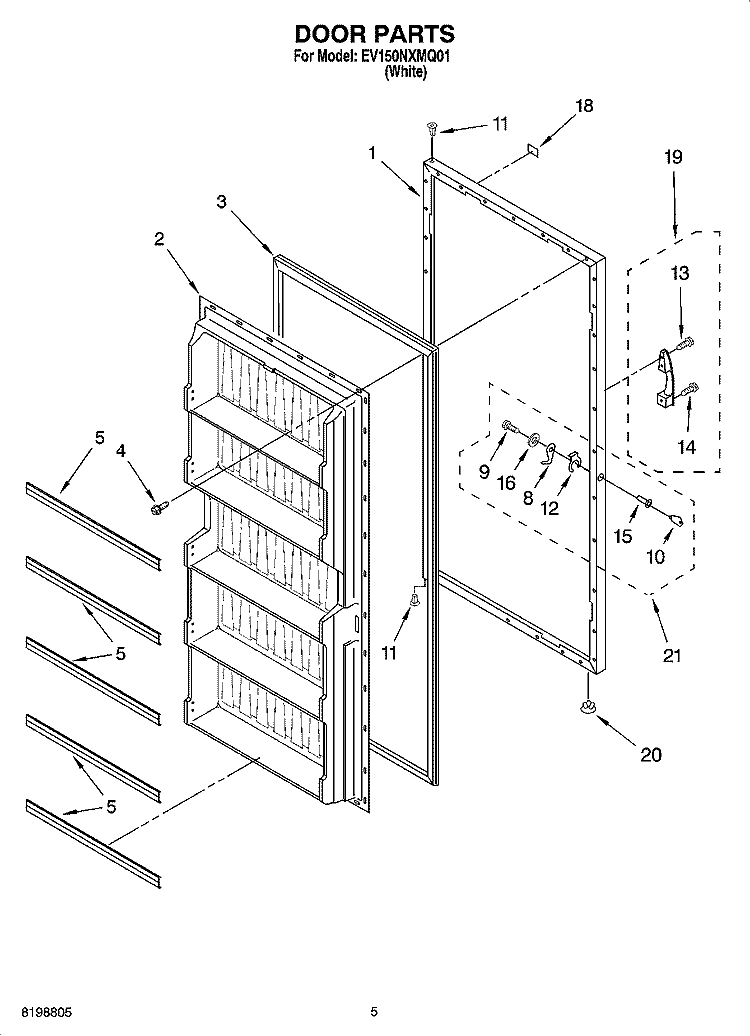 DOOR PARTS Diagram and Parts List for EV150NXMQ01  Whirlpool Freezer