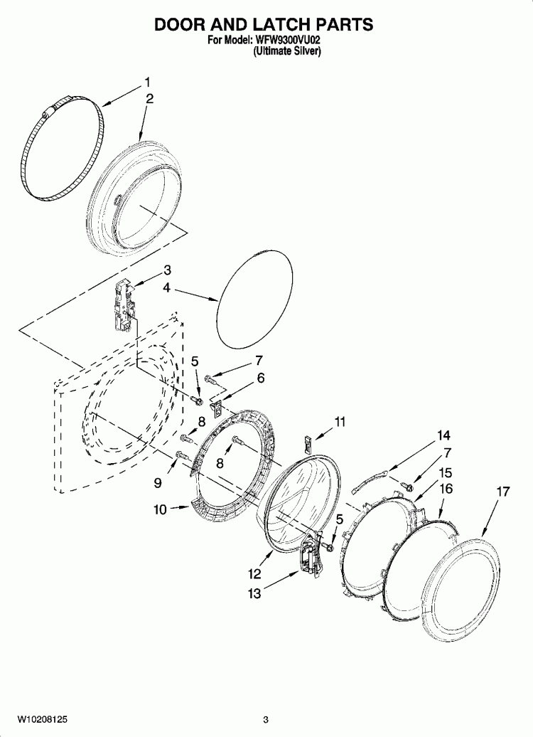 DOOR AND LATCH PARTS Diagram and Parts List for WFW9300VU02  Whirlpool Washer