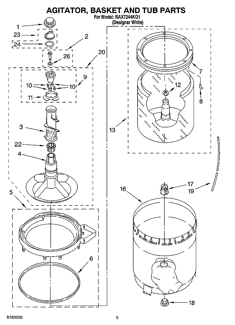 AGITATOR, BASKET AND TUB PARTS Diagram and Parts List for RAX7244KQ1  Roper Washer