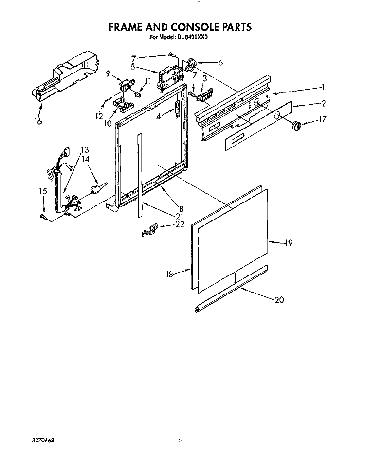 FRAME AND CONSOLE Diagram and Parts List for DU8400XX0  Whirlpool Dishwasher