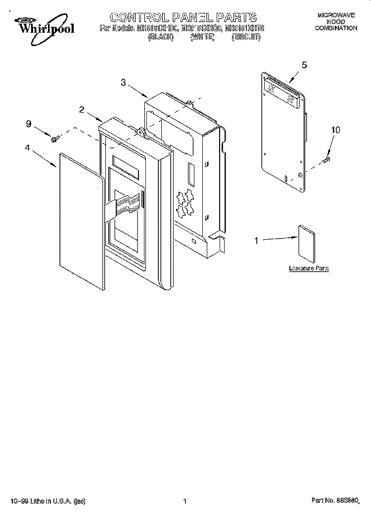 CONTROL PANEL, LITERATURE Diagram and Parts List for MH6151XHQ0  Whirlpool Microwave