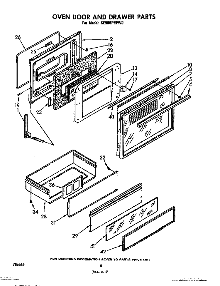 OVEN DOOR AND DRAWER Diagram and Parts List for SE960PEPW0  Whirlpool Range