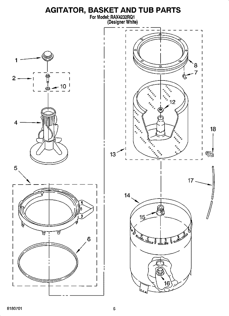 AGITATOR, BASKET AND TUB PARTS Diagram and Parts List for RAX4232RQ1  Roper Washer