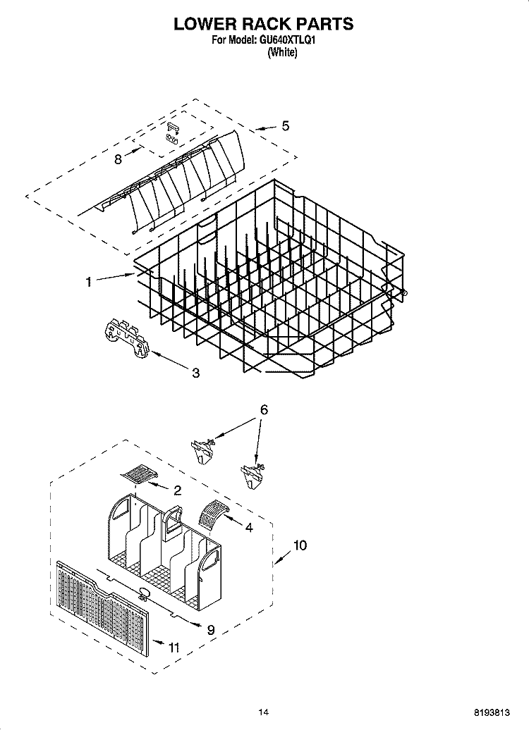 LOWER RACK PARTS Diagram and Parts List for GU640XTLQ1  Whirlpool Dishwasher