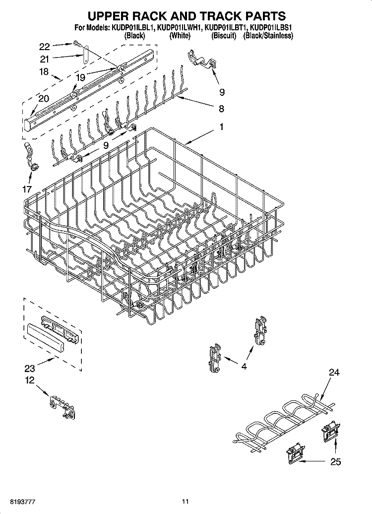 UPPER RACK AND TRACK PARTS Diagram and Parts List for KUDP01ILBL1  KitchenAid Dishwasher
