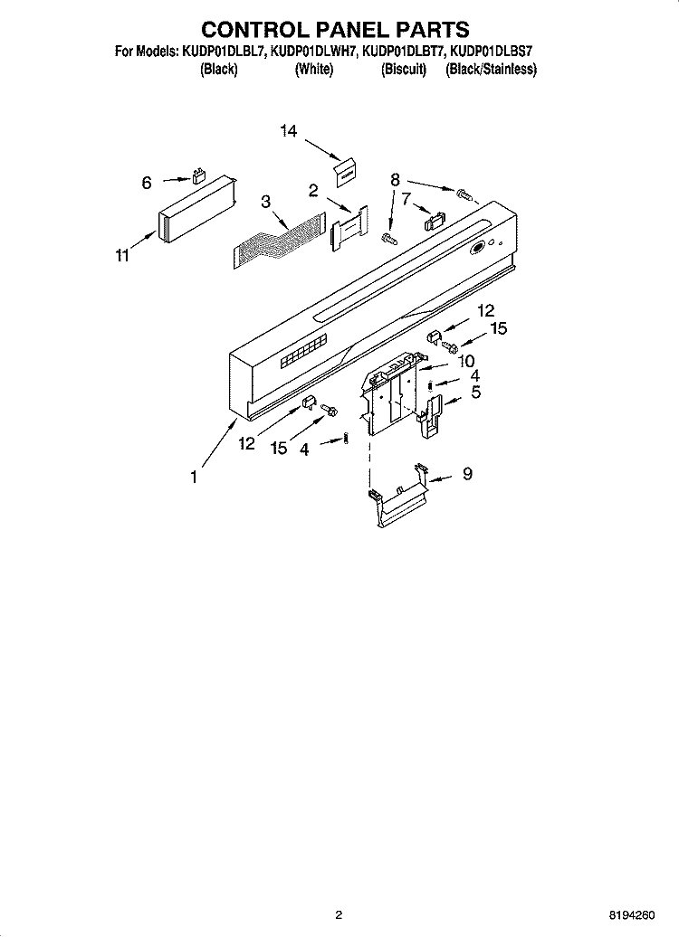 CONTROL PANEL PARTS Diagram and Parts List for KUDP01DLBL7  KitchenAid Dishwasher