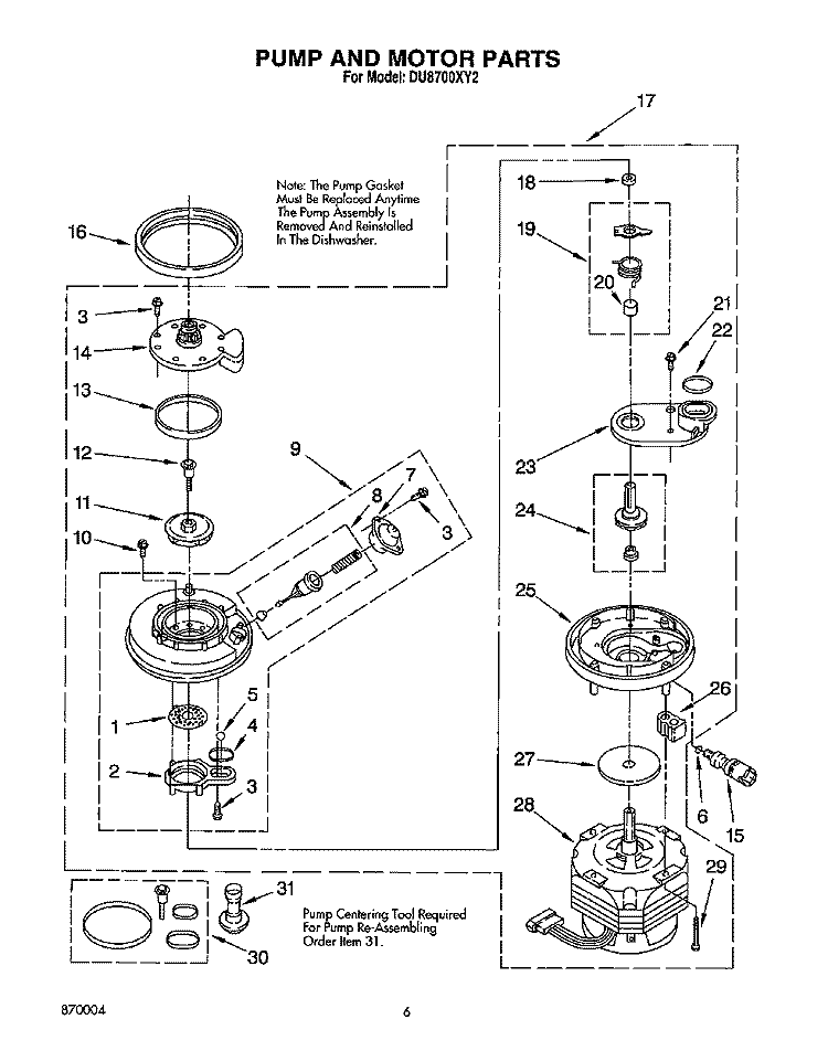 PUMP AND MOTOR Diagram and Parts List for DU8700XY2  Whirlpool Dishwasher