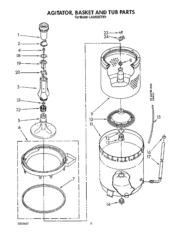 AGITATOR, BASKET AND TUB Diagram and Parts List for LA6090XTW1  Whirlpool Washer