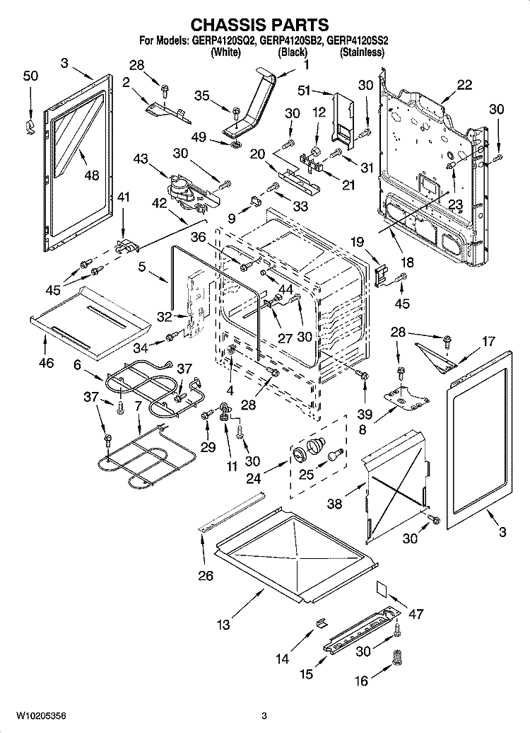 CHASSIS PARTS Diagram and Parts List for GERP4120SB2  Whirlpool Range