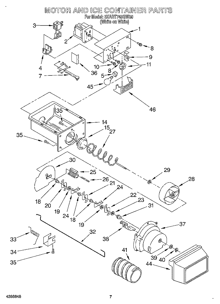 MOTOR AND ICE CONTAINER Diagram and Parts List for 3XART745GW00  Whirlpool Refrigerator