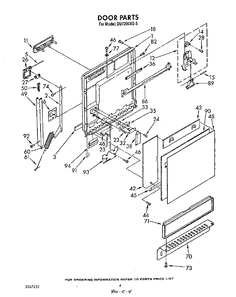 DOOR Diagram and Parts List for DU7200XS5  Whirlpool Dishwasher