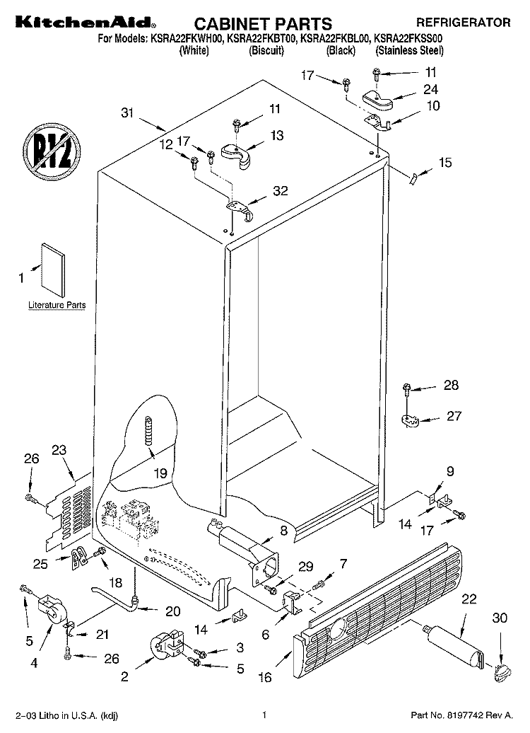 CABINET PARTS Diagram and Parts List for KSRA22FKSS00  KitchenAid Refrigerator