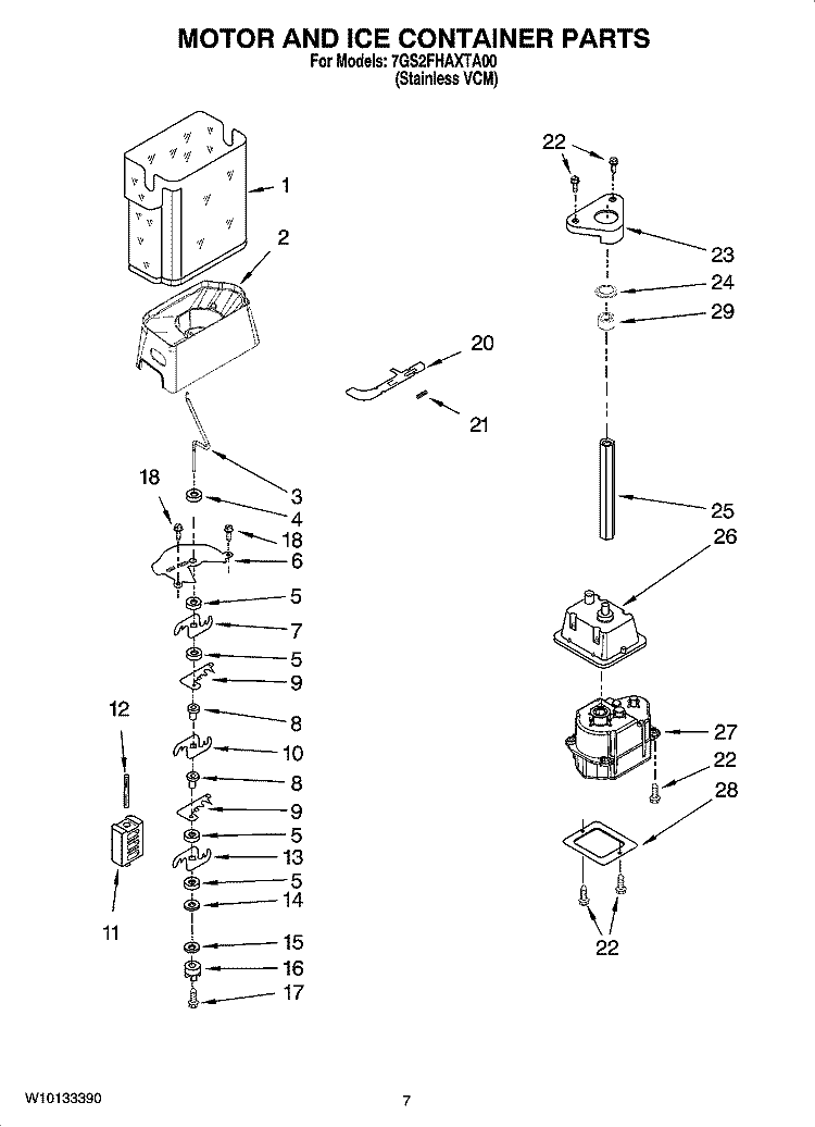 MOTOR AND ICE CONTAINER PARTS Diagram and Parts List for 7GS2FHAXTA00  Whirlpool Refrigerator