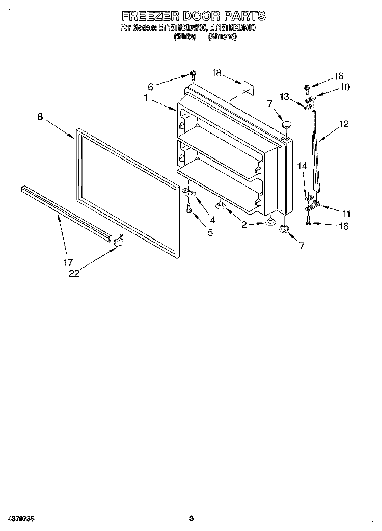 FREEZER DOOR Diagram and Parts List for ET18TMXDW00  Whirlpool Refrigerator