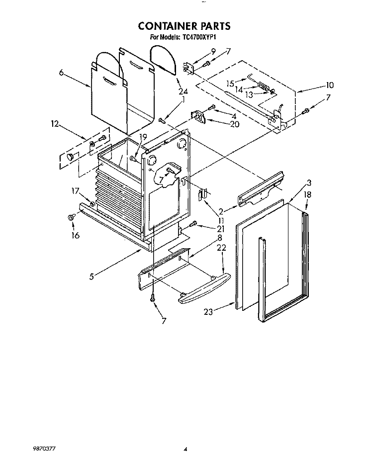 CONTAINER Diagram and Parts List for TC4700XYP1  Whirlpool Trash Compactor