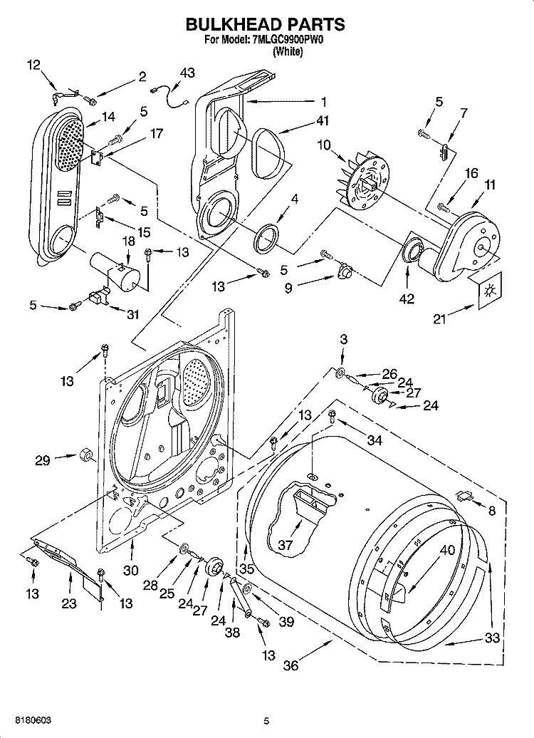 BULKHEAD PARTS Diagram and Parts List for 7MLGC9900PW0  Whirlpool Dryer