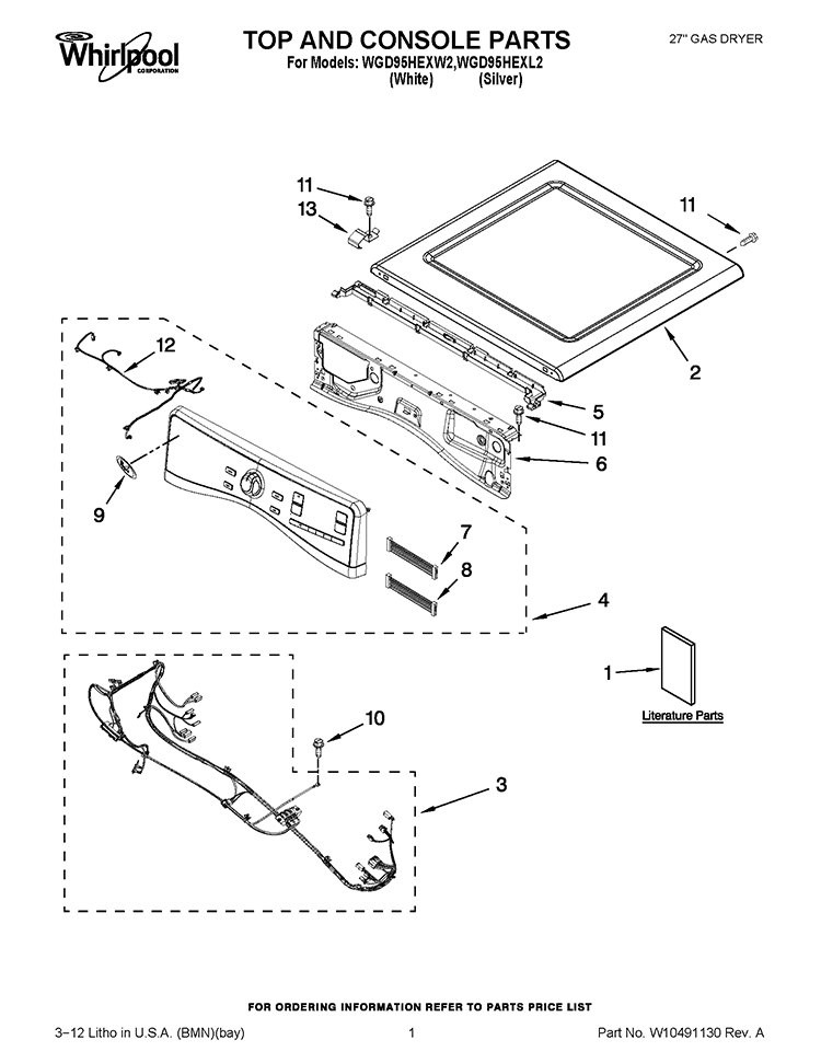 TOP AND CONSOLE PARTS Diagram and Parts List for WGD95HEXL2  Whirlpool Dryer