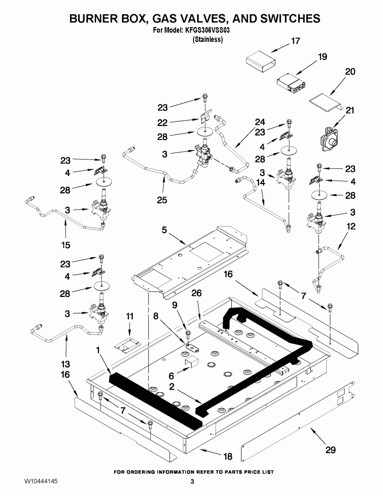 BURNER BOX, GAS VALVES, AND SWITCHES Diagram and Parts List for KFGS306VSS03  KitchenAid Cooktop