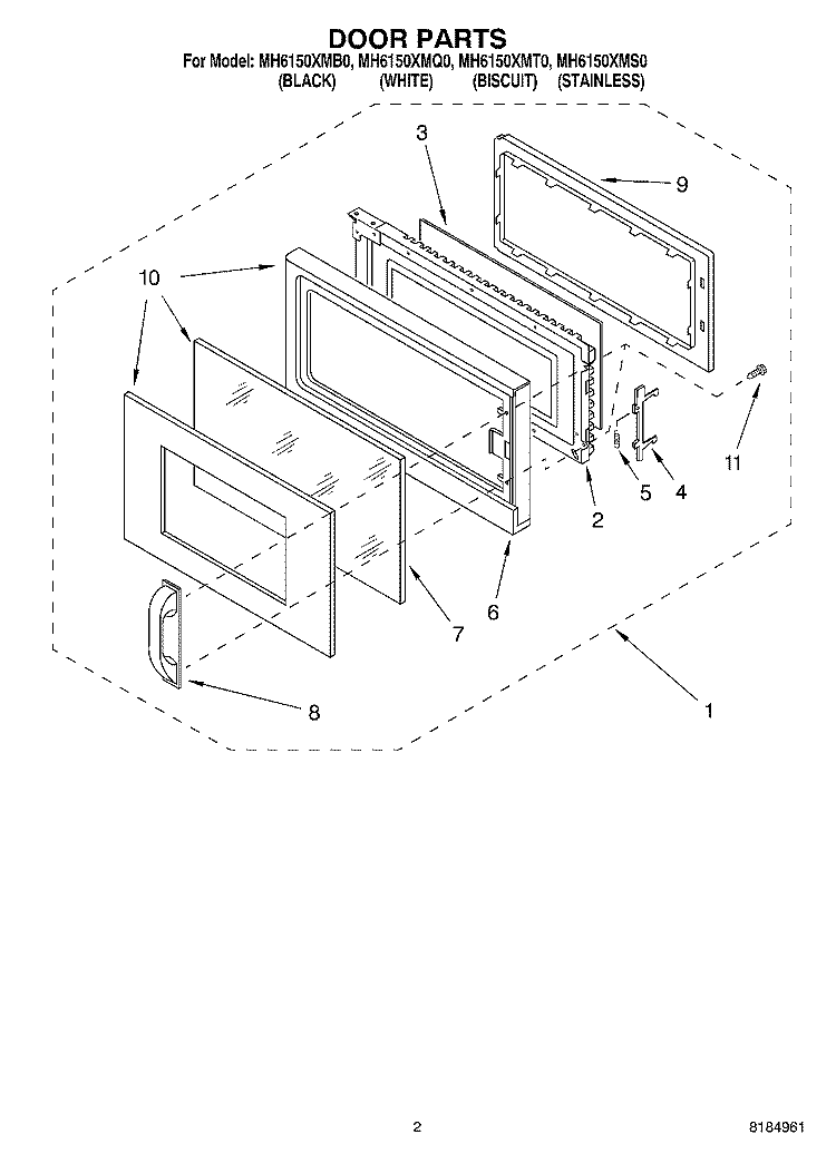 DOOR Diagram and Parts List for MH6150XMT0  Whirlpool Microwave