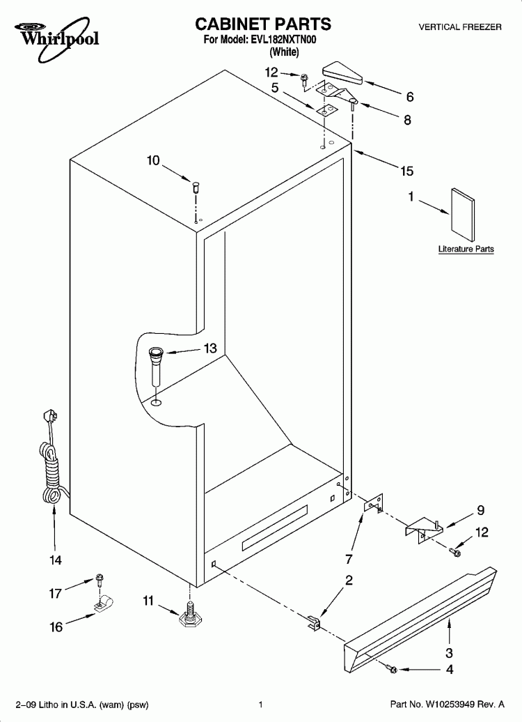 CABINET PARTS Diagram and Parts List for EVL182NXTN00  Whirlpool Freezer
