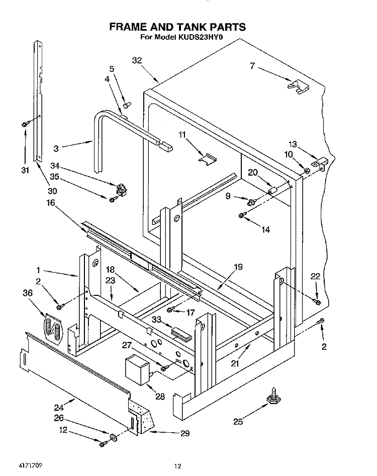 FRAME AND TANK Diagram and Parts List for KUDS23HY0  KitchenAid Dishwasher