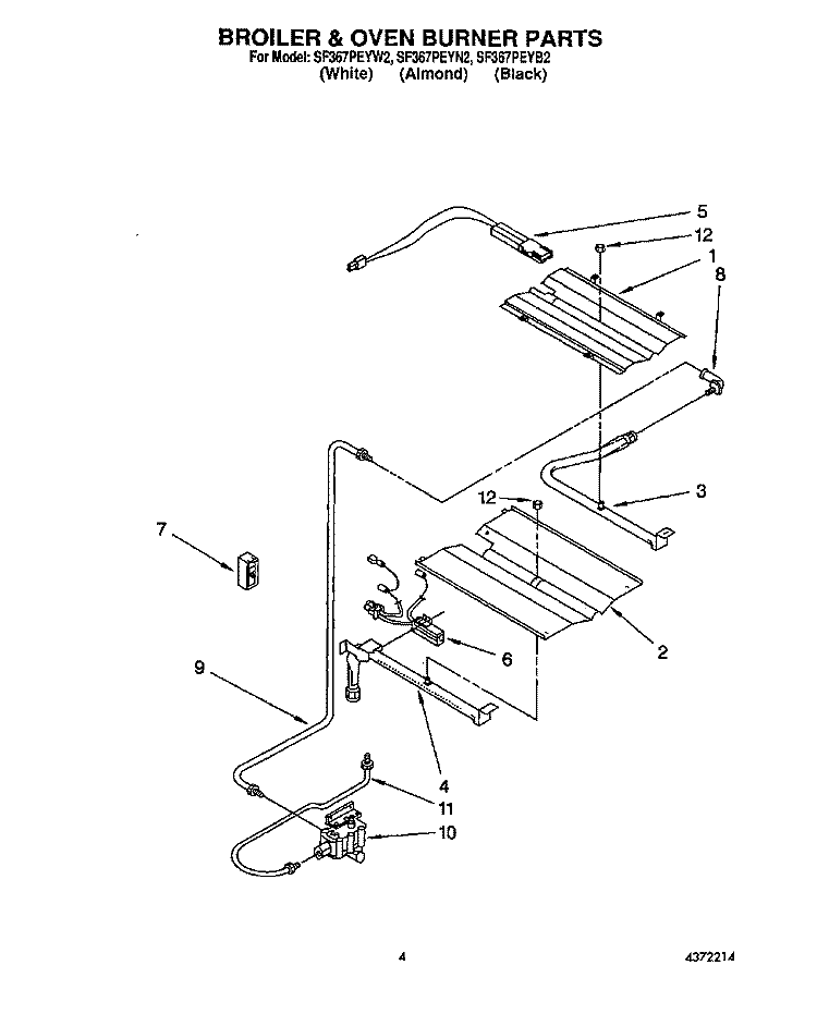 BROILER AND OVEN BURNER Diagram and Parts List for SF367PEYB2  Whirlpool Range
