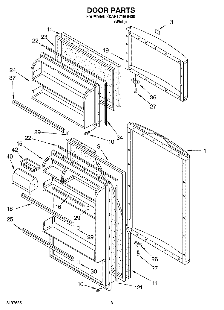DOOR Diagram and Parts List for 3XART715GG00  Whirlpool Refrigerator