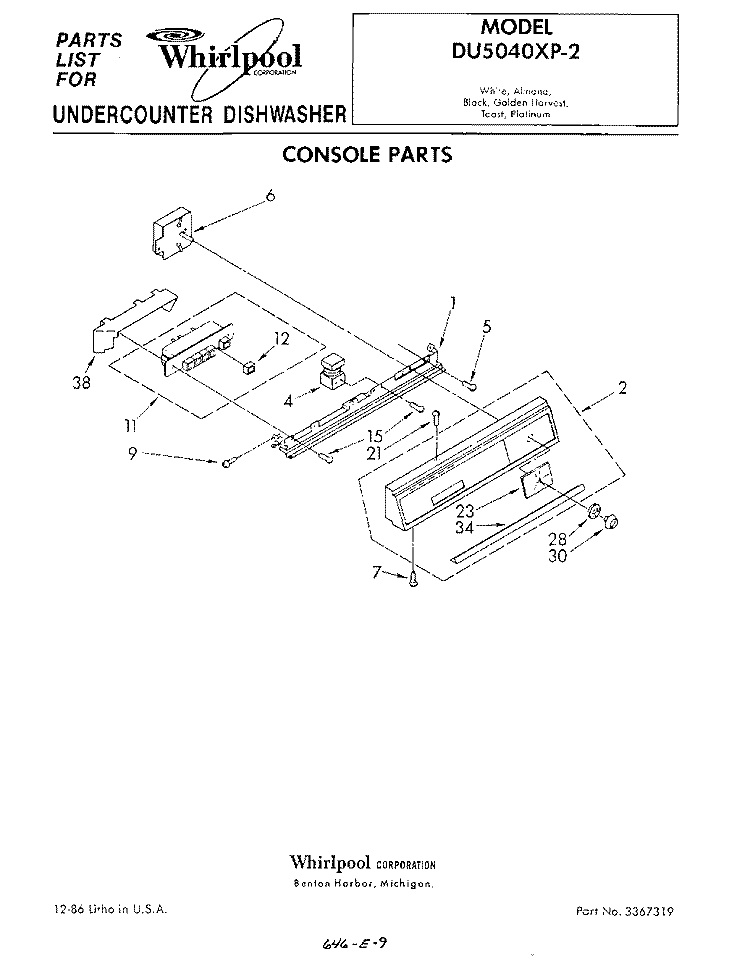 CONSOLE Diagram and Parts List for DU5040XP2  Whirlpool Dishwasher