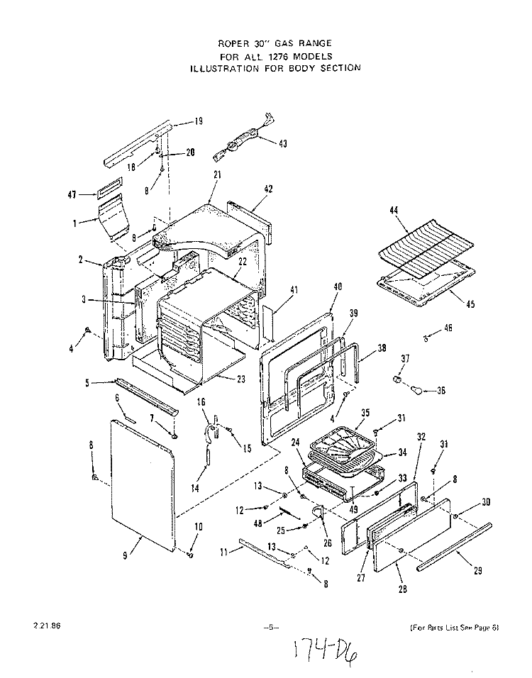 BODY Diagram and Parts List for 1276W0A  Roper Range