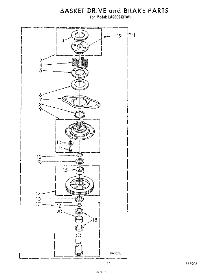 BASKET DRIVE AND BRAKE Diagram and Parts List for LA6680XPW1  Whirlpool Washer