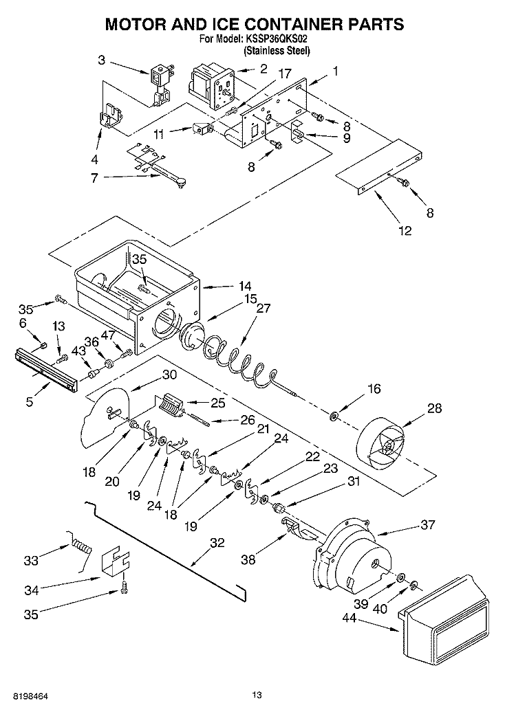 MOTOR AND ICE CONTAINER PARTS Diagram and Parts List for KSSP36QKS02  KitchenAid Refrigerator