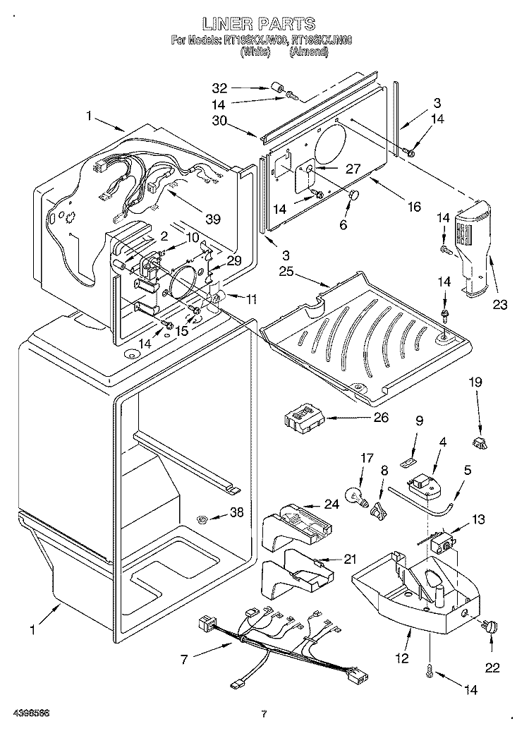 LINER Diagram and Parts List for RT18SKXJW00  Roper Refrigerator