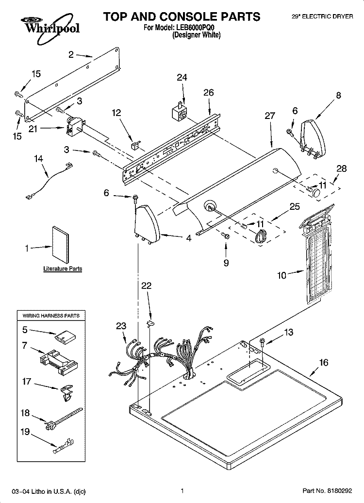 TOP AND CONSOLE PARTS Diagram and Parts List for LEB6000PQ0  Whirlpool Dryer
