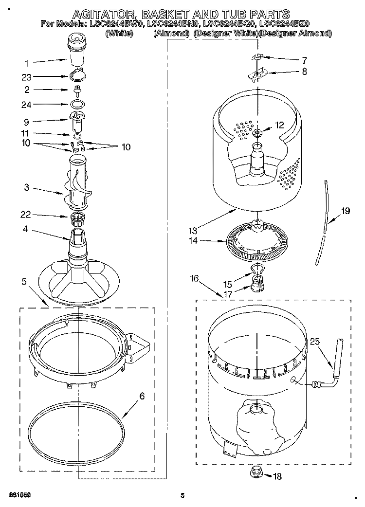 AGITATOR, BASKET AND TUB Diagram and Parts List for LSC6244BQ0  Whirlpool Washer