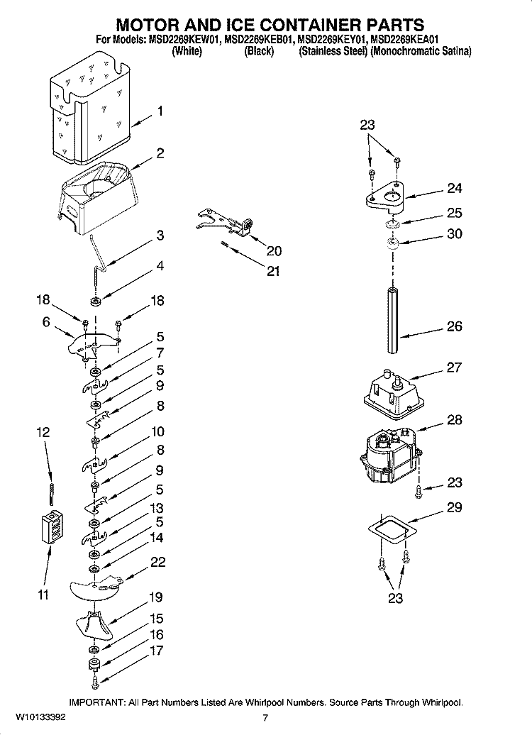MOTOR AND ICE CONTAINER PARTS Diagram and Parts List for MSD2269KEB01  Whirlpool Refrigerator