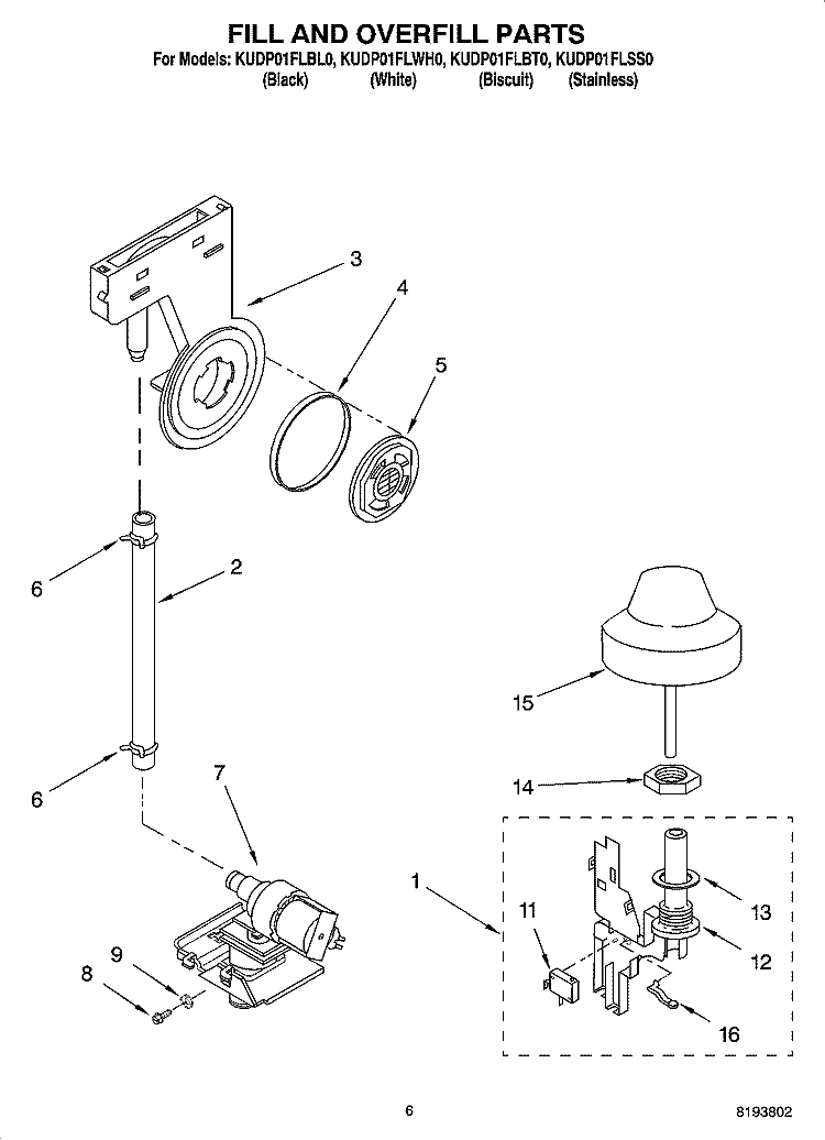 FILL AND OVERFILL PARTS Diagram and Parts List for KUDP01FLBT0  KitchenAid Dishwasher