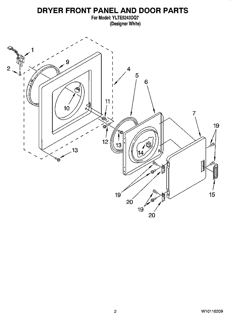 DRYER FRONT PANEL AND DOOR PARTS Diagram and Parts List for YLTE5243DQ7  Whirlpool Washer Dryer Combo