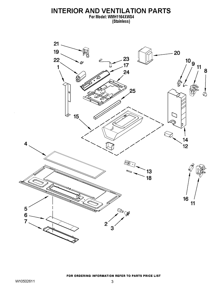 INTERIOR AND VENTILATION PARTS Diagram and Parts List for WMH1164XWS4  Whirlpool Microwave