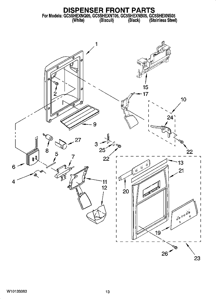DISPENSER FRONT PARTS Diagram and Parts List for GC5SHEXNQ05  Whirlpool Refrigerator