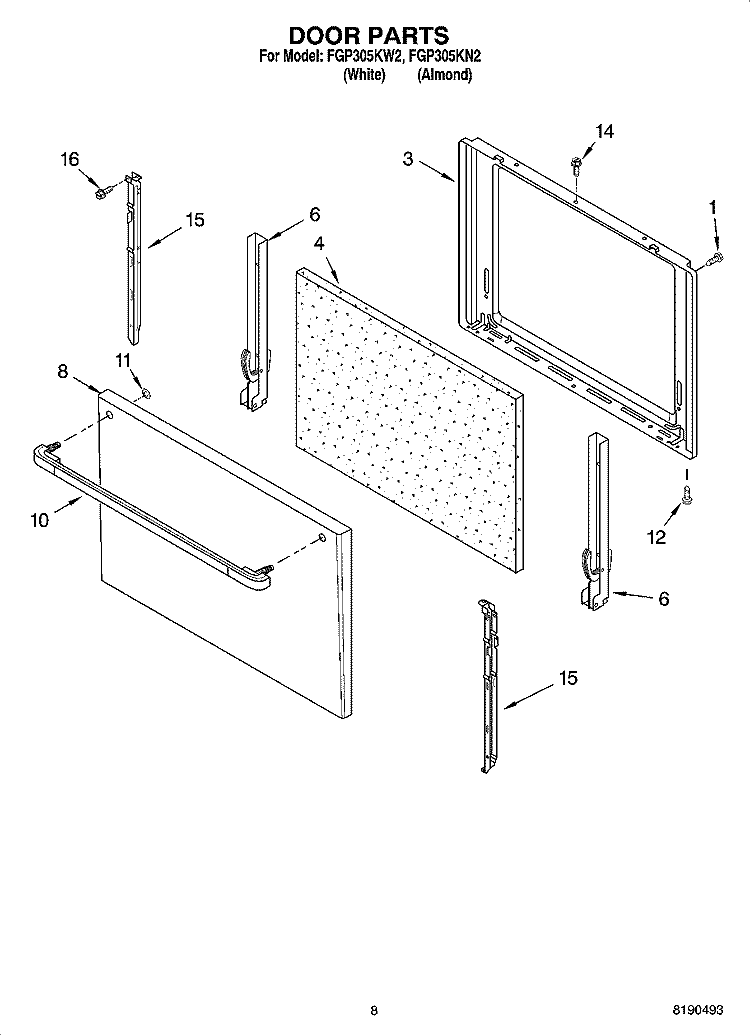DOOR PARTS, MISCELLANEOUS PARTS Diagram and Parts List for FGP305KW2  Roper Range