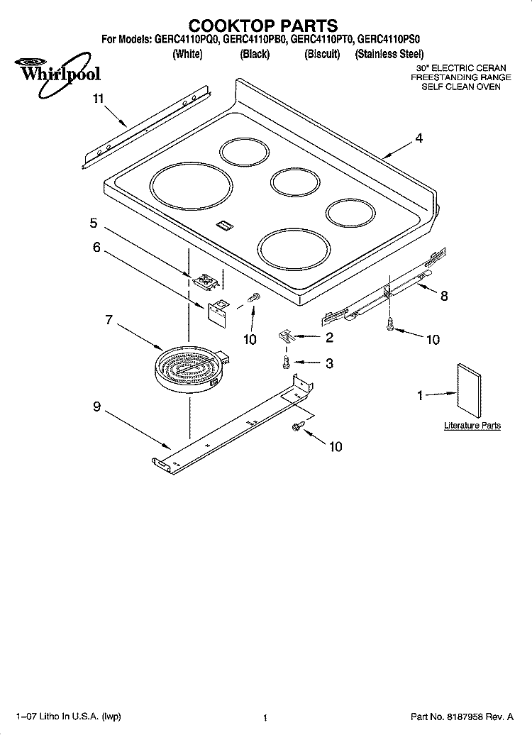 COOKTOP PARTS Diagram and Parts List for GERC4110PS0  Whirlpool Range