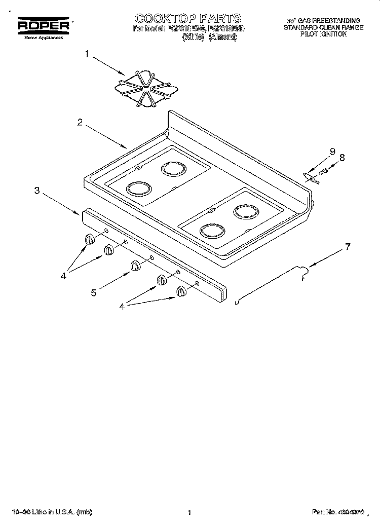 COOKTOP Diagram and Parts List for FGP310EN0  Roper Range