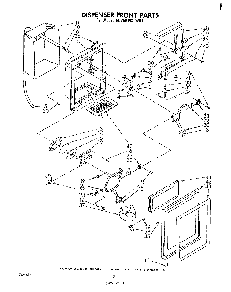 DISPENSER FRONT Diagram and Parts List for ED25SMXLWR1  Whirlpool Refrigerator