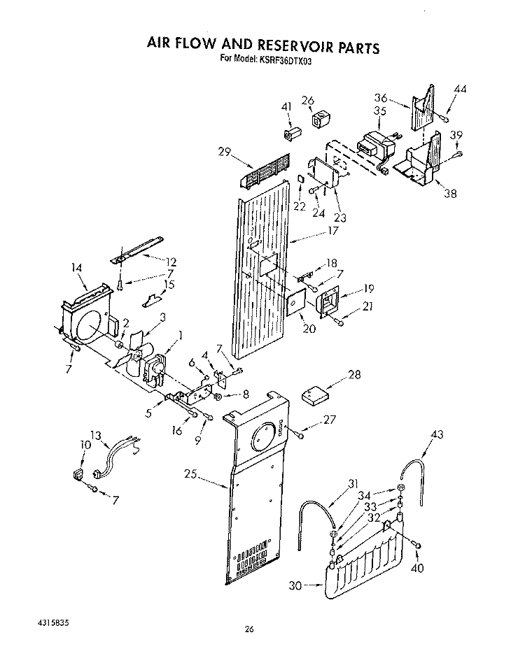 AIR FLOW AND RESERVOIR Diagram and Parts List for KSRF36DTX03  KitchenAid Refrigerator